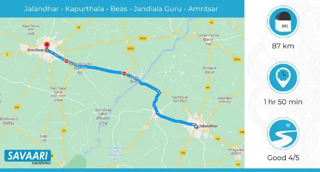 Route 2: Distance and Time Taken from Jalandhar to Amritsar