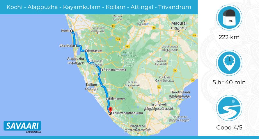 Distance and Time Taken from Kochi to Trivandrum 