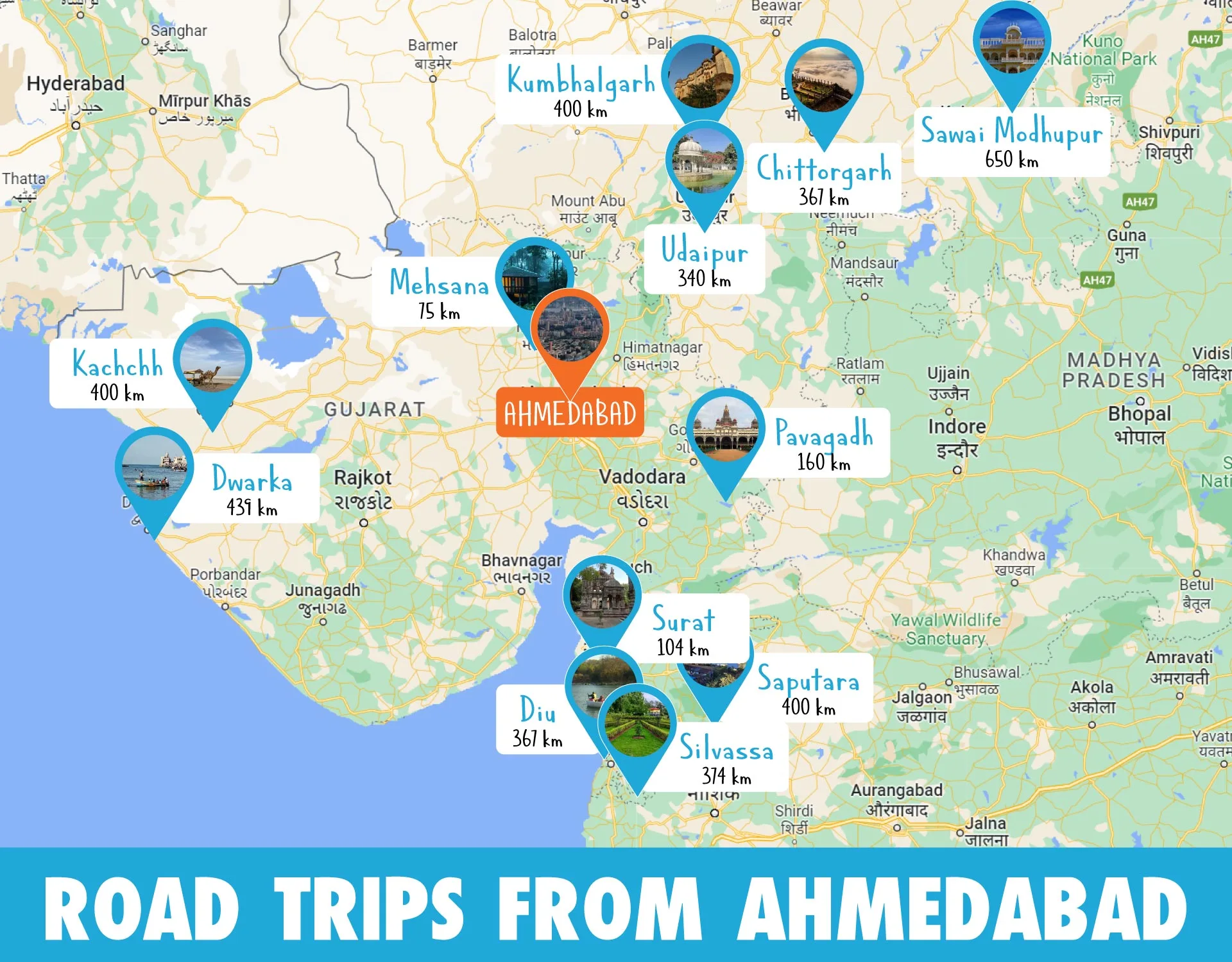ahmedabad to 300 km tourist places