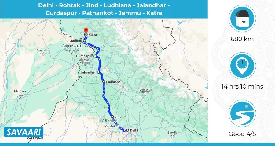 Delhi to Katra by road - Distance, Time and more information