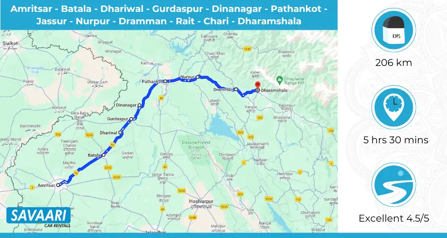 Amritsar to Dharamshala Route 1