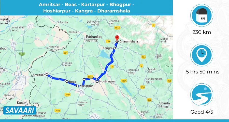 Amritsar to Dharamshala Route 2