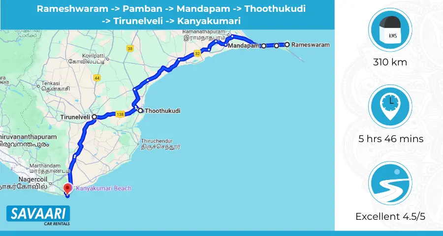 Rameshwaram to Kanyakumari - Route 1