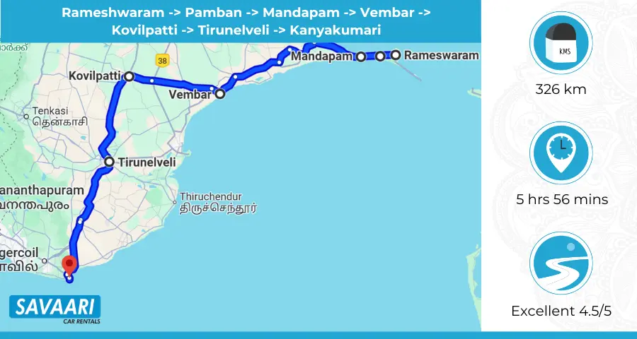 Rameshwaram to Kanyakumari Route 2